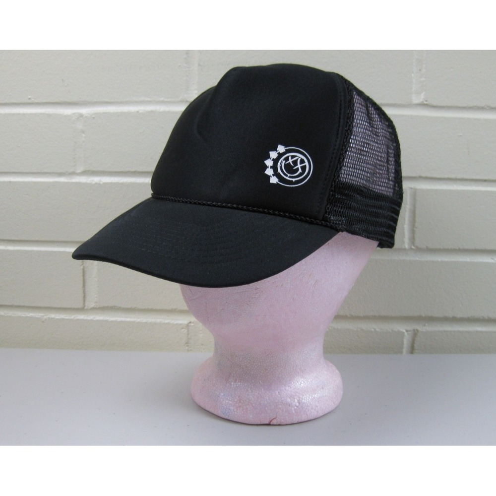 Vintage Y2K Blink-182 Trucker Hat Mesh Strapback Cap Punk Rock Smiley Face Logo